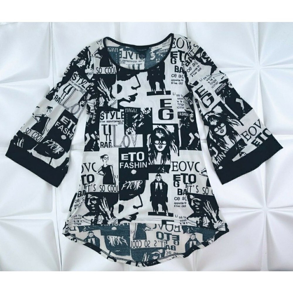 Investments Sz S Slinky Newspaper Print Blouse Top Bell Sleeve Italian Fashion